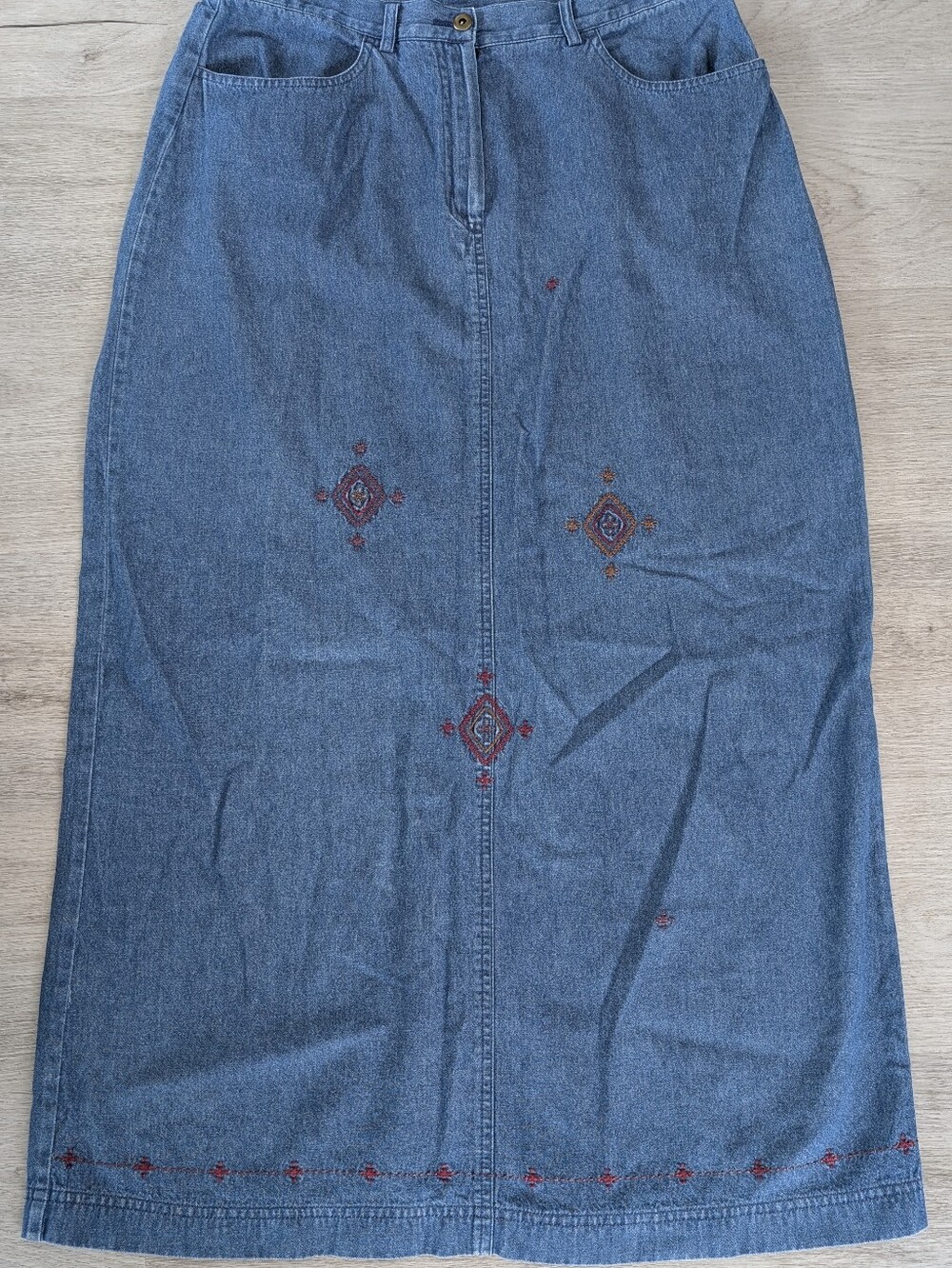 TanJay Vintage Cottagecore Prairie Blue Denim Embroidered Maxi Skirt Size 12 - Picture 2 of 9